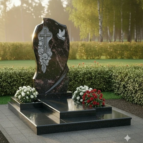 Элитный Гранитный православный памятник с крестом в Самаре, гранит амфиболит