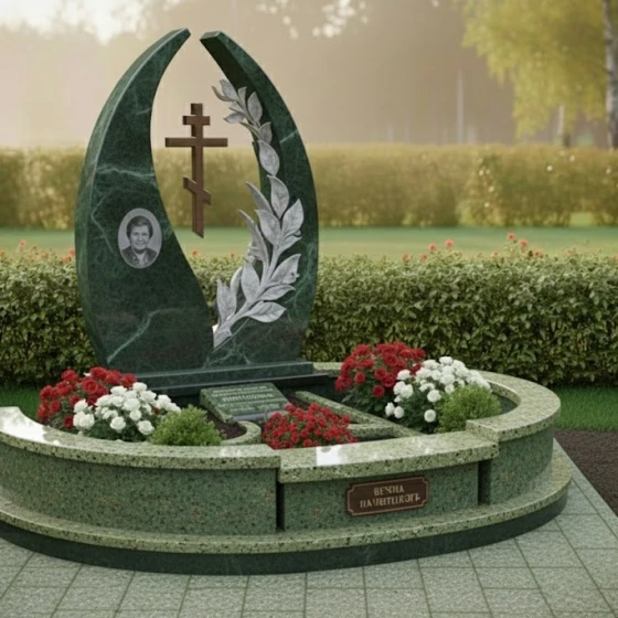 Элитный Гранитный памятник с крестом православный в Уфе, гранит Балтик грин