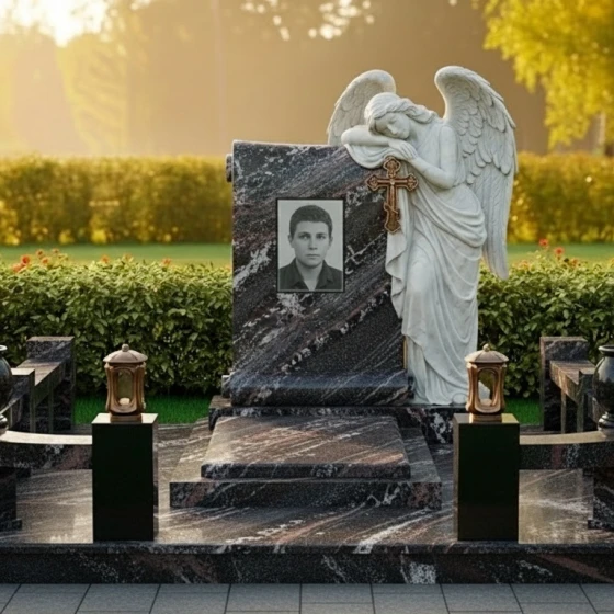 Гранитный или Мраморный памятник с крестом в Новокузнецке, гранит амфиболит
