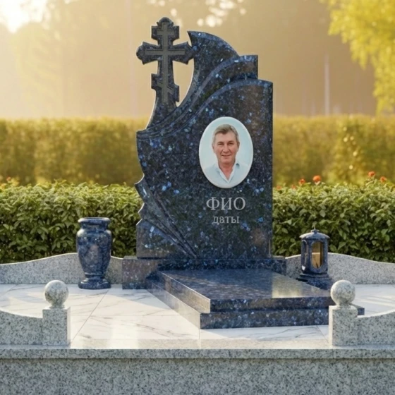 Элитный гранитный памятник с крестом в Казани, гранит Блю Перл
