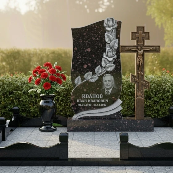 Гранитный памятник для мемориального комплекса с крестом в Перми, гранит амфиболит