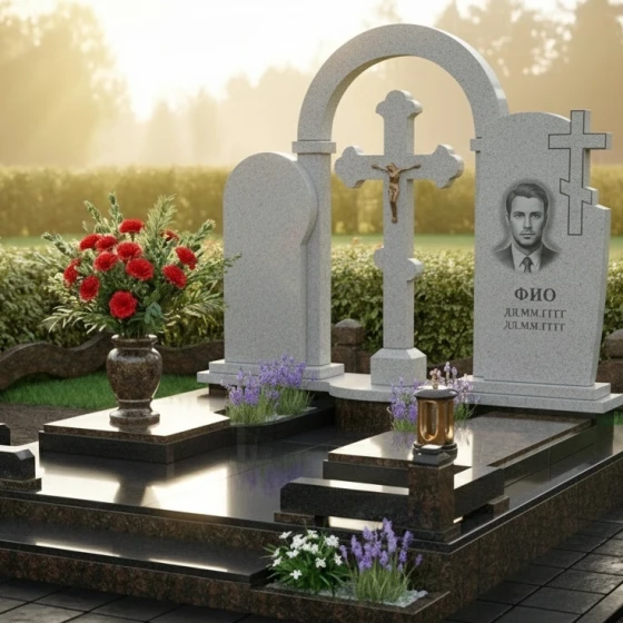 Элитный Гранитный памятник с православным крестом в Перми, гранит Мансуровский