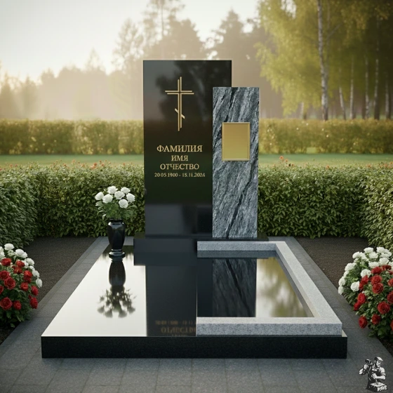 Памятник с парными полотнами и православным крестом, гранит Габбро-диабаз