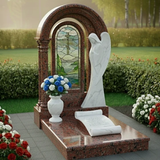 Мемориальный комплекс с витражом и ангелом из мрамора, гранит Лезниковский, в Санкт-Петербурге