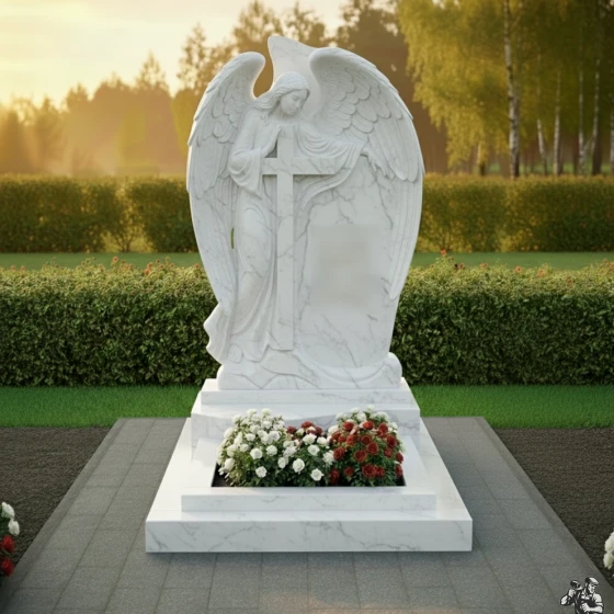 Мемориальная композиция с ангелом и крестом, мрамор Тассос