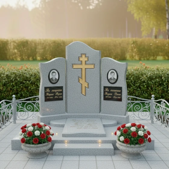 Гранитный православный памятник на двоих в Кемерово, гранит Мансуровский