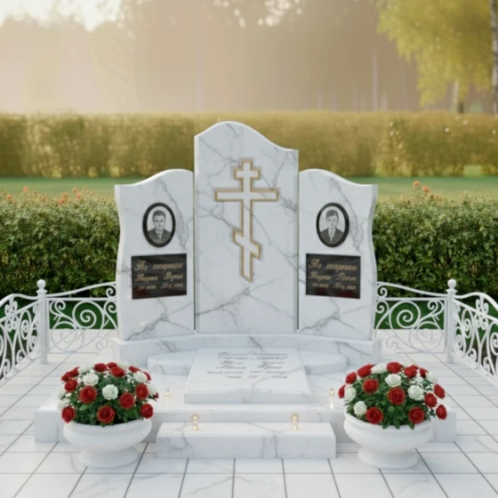 Гранитный православный памятник на двоих в Кемерово, мрамор Тассос
