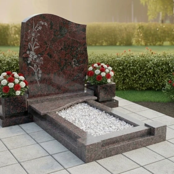 Мемориальная стела с волной и лилиями, гранит амфиболит
