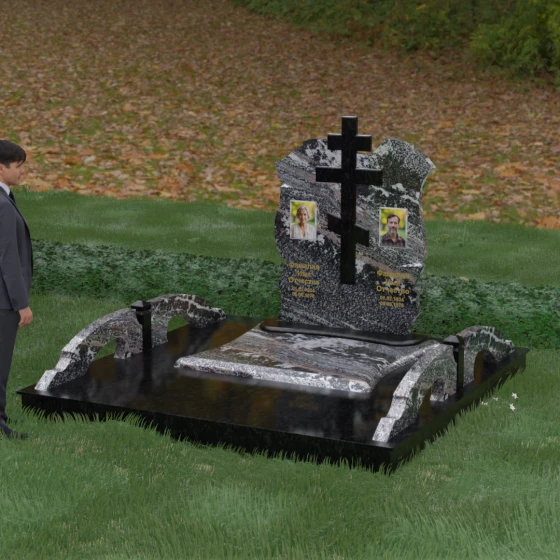 Горизонтальный комбинированный православный памятник в Казани, гранит амфиболит, вид 4