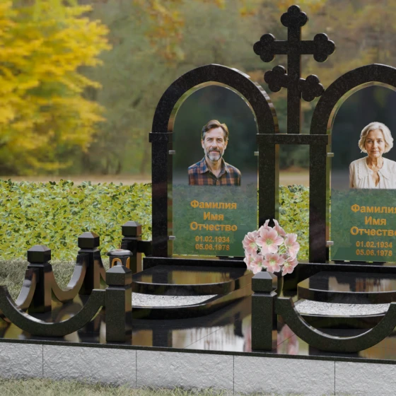 Православный памятник с крестом на двоих в Перми, гранит Габбро-диабаз, вид 4
