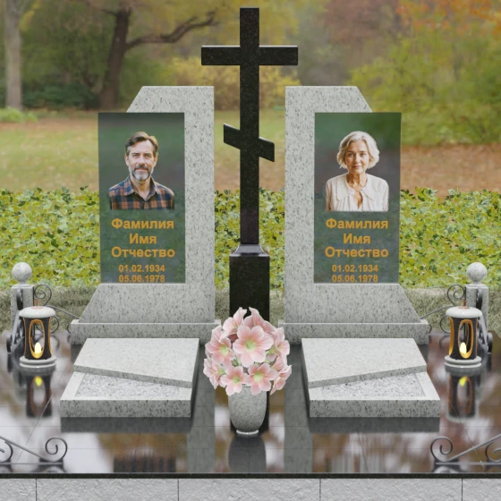 Православный памятник из гранита и стекла с крестом в Казани, гранит Мансуровский, вид 2