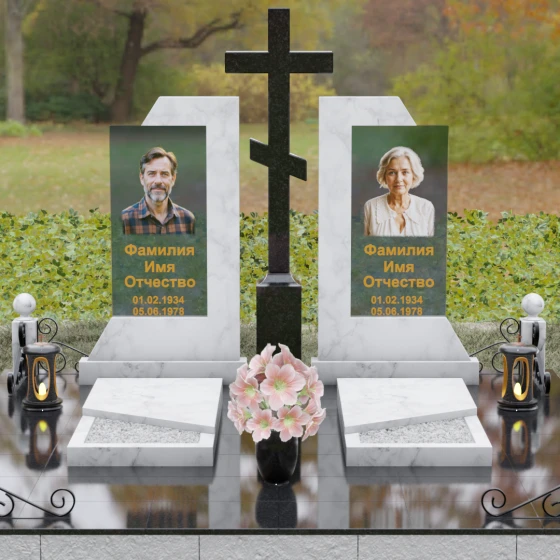 Православный памятник из гранита и стекла с крестом в Казани, мрамор Тассос, вид 2