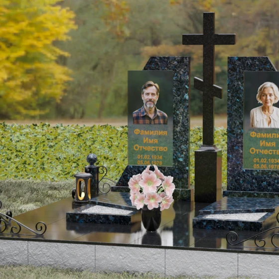 Православный памятник из гранита и стекла с крестом в Казани, гранит Блю Перл, вид 4