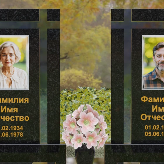 Вертикальный памятник гранит — стекло с крестом в Набережных Челнах, гранит Габбро-диабаз