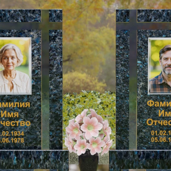 Вертикальный памятник гранит — стекло с крестом в Набережных Челнах, гранит Блю Перл
