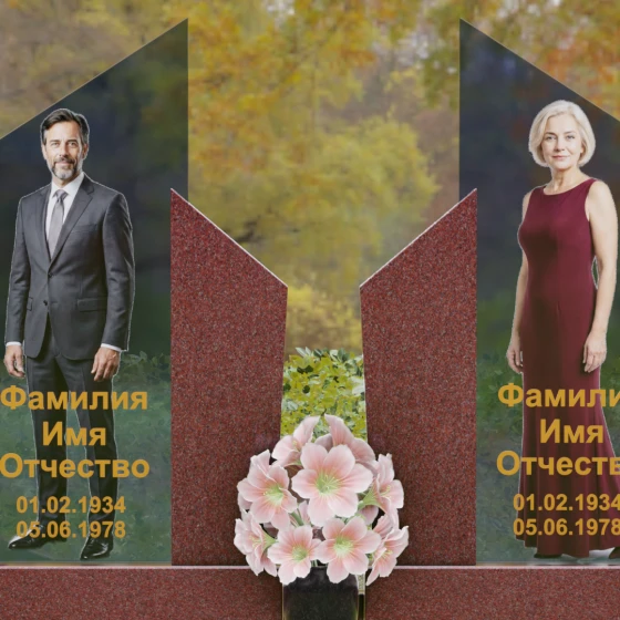 Горизонтальный комбинированный памятник на двоих в Липецке, гранит Лезниковский