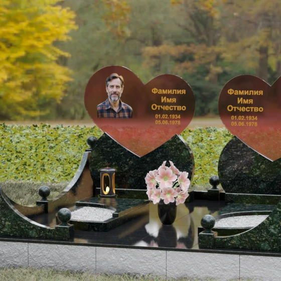Горизонтальный Гранит|Стекло памятник для двоих в Норильске, гранит Балтик грин, вид 4