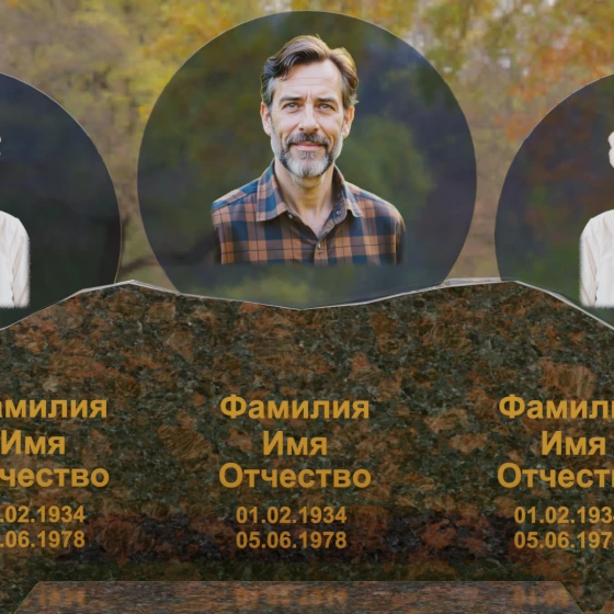 Горизонтальный гранитный памятник для троих в Казани, гранит Дымовский