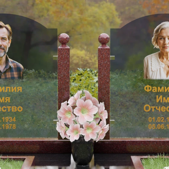 Горизонтальный комбинированный памятник для двоих в Казани, гранит Лезниковский