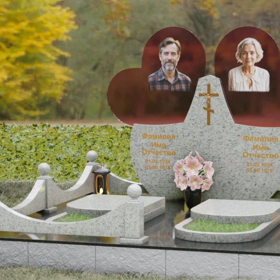Православный памятник с крестом на двоих в Перми, гранит Мансуровский, вид 4