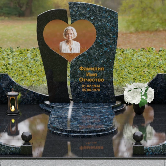 Вертикальный комбинированный памятник на одного в Ижевске, гранит Блю Перл, вид 2
