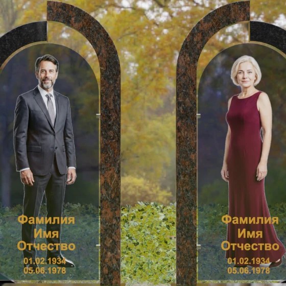 Вертикальный памятник из гранита и стекла для двоих в Томске, гранит Габбро-диабаз
