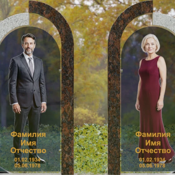 Вертикальный памятник из гранита и стекла для двоих в Томске, гранит Мансуровский