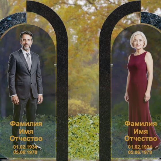 Вертикальный памятник из гранита и стекла для двоих в Томске, гранит Блю Перл