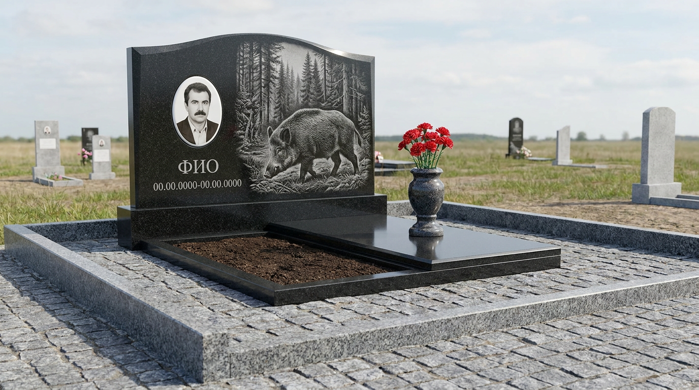 Пример дизайна: Гранитный памятник охотнику с аркой с двустволкой