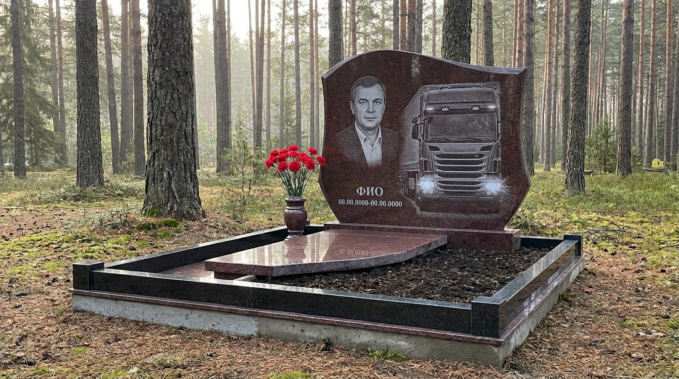 Пример дизайна: Гранитный памятник дальнобойщику с тягачом