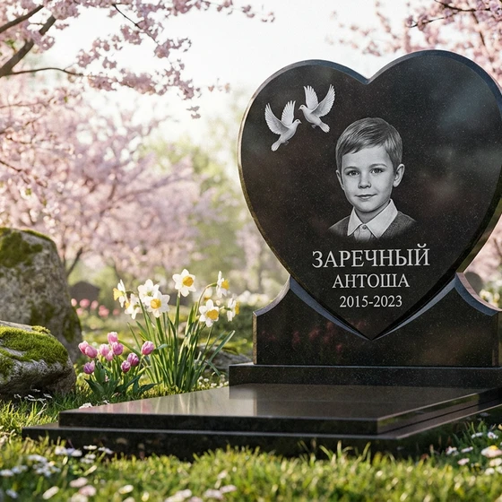 Детский памятник-сердце с голубями