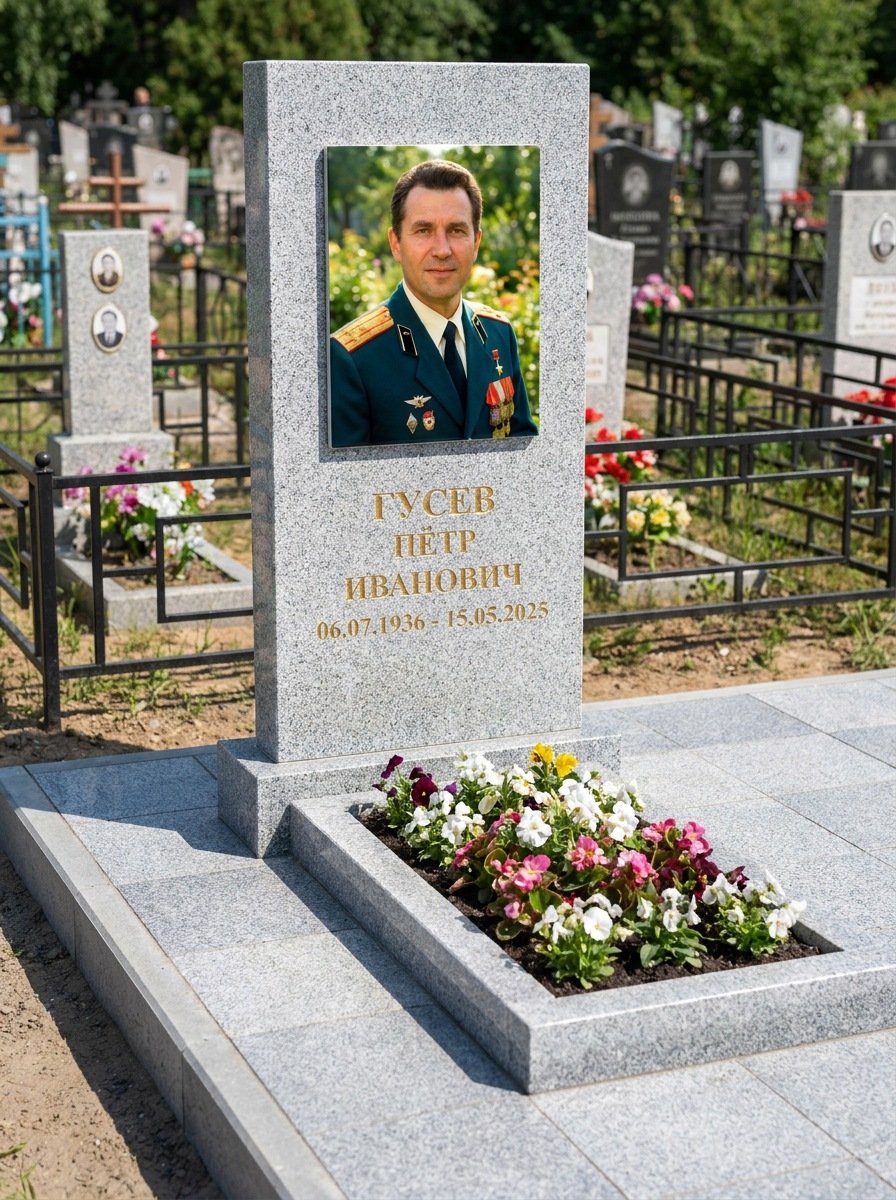 Портрет на памятнике в Казани — Прямоугольник на гранитной стеле, ФИО и даты на портрете